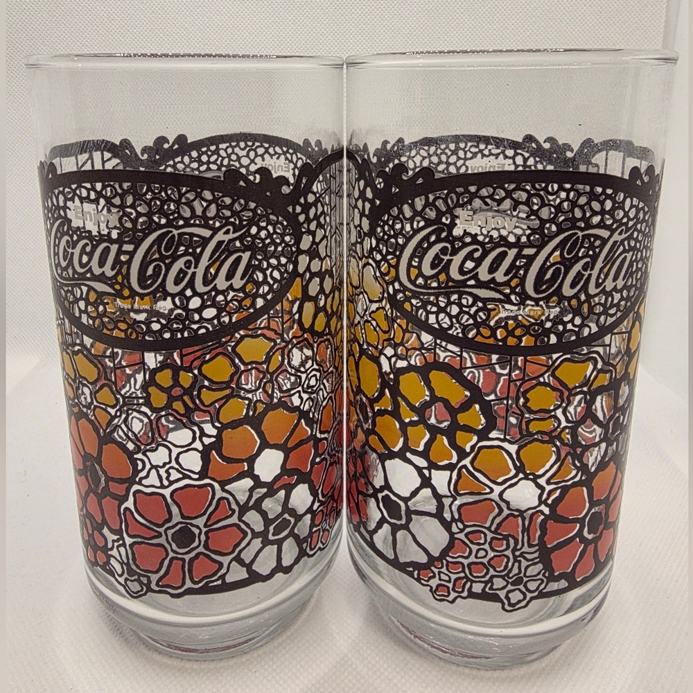Coca-Cola Floral Pattern Glasses with Red and Yellow Accents